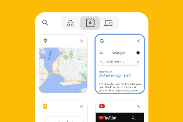 Một trình duyệt di động tải các thẻ từ trình duyệt dành cho máy tính, trong đó có Google Maps và thông tin về nơi đậu xe ở thành phố New York.