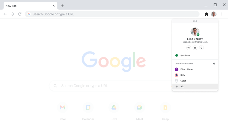 Trình duyệt Chrome đang hiển thị hộp thoại của trình chuyển đổi hồ sơ.