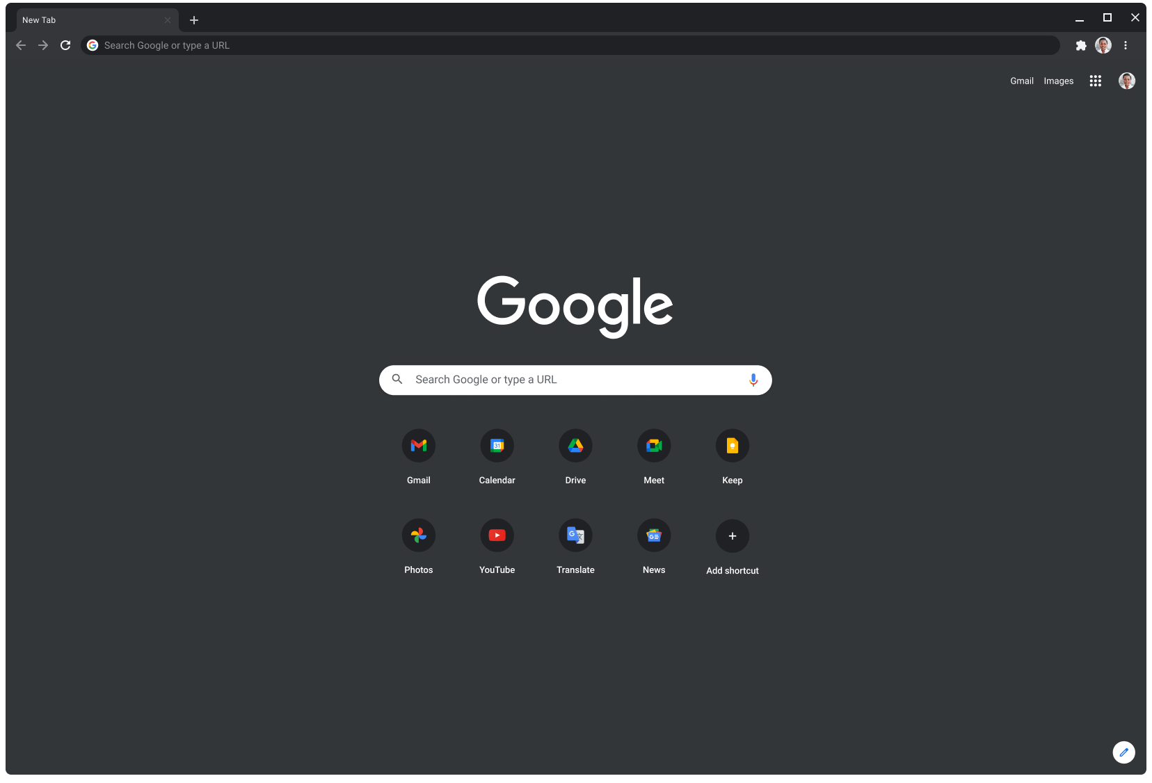 Cửa sổ trình duyệt Chrome ở chế độ tối, đang hiển thị Google.com.