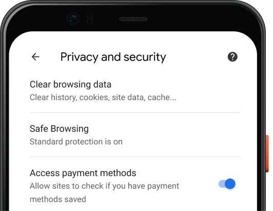 Trang cài đặt về Quyền riêng tư và bảo mật của trình duyệt Chrome trên thiết bị di động.