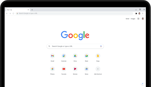 Góc trên cùng bên trái của máy tính xách tay Pixelbook Go với màn hình đang hiển thị thanh tìm kiếm Google.com và các ứng dụng yêu thích.