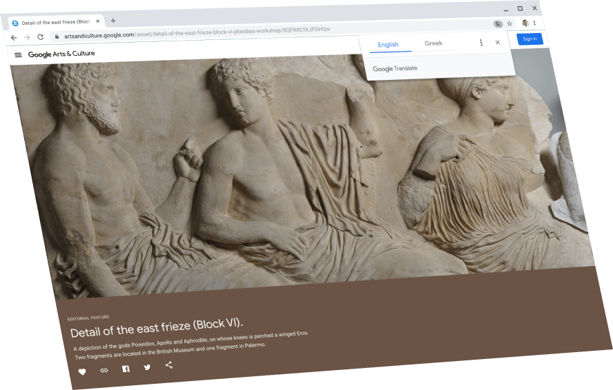 Hiển thị trang Google Arts & Culture với hộp thoại Google Dịch ở phía trên, đang dịch sang tiếng Anh.