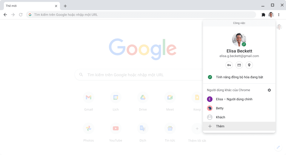 Trình duyệt Chrome đang hiển thị hộp thoại của trình chuyển đổi hồ sơ.