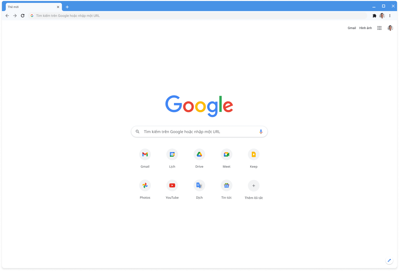 Cửa sổ trình duyệt Chrome đang hiển thị Google.com với giao diện cổ điển.