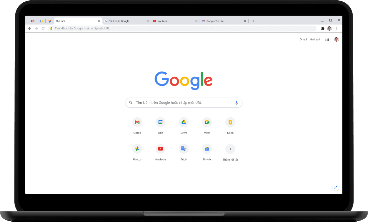 Máy tính xách tay Pixelbook Go với màn hình đang hiển thị Google.com.