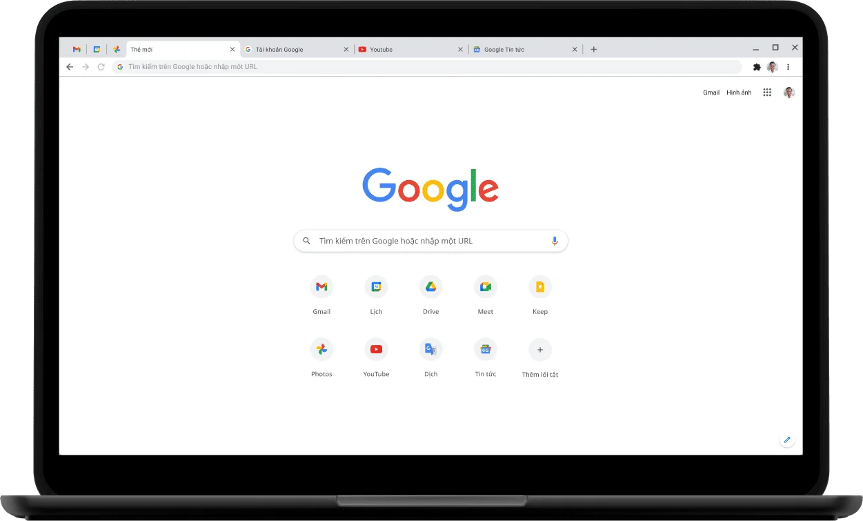 Máy tính xách tay Pixelbook Go với màn hình đang hiển thị Google.com.