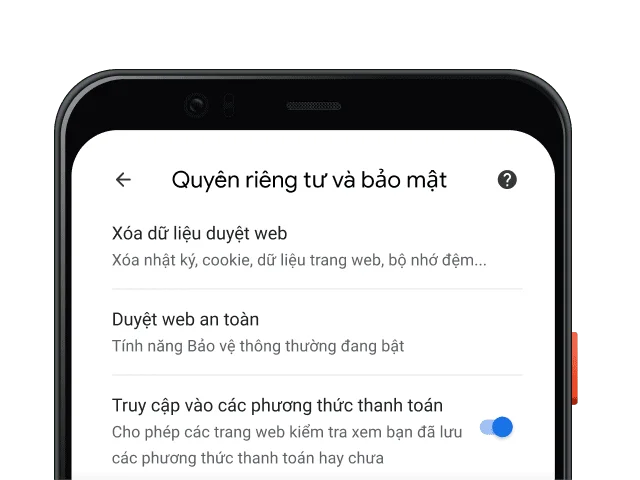 Trang cài đặt về Quyền riêng tư và bảo mật của trình duyệt Chrome trên thiết bị di động.