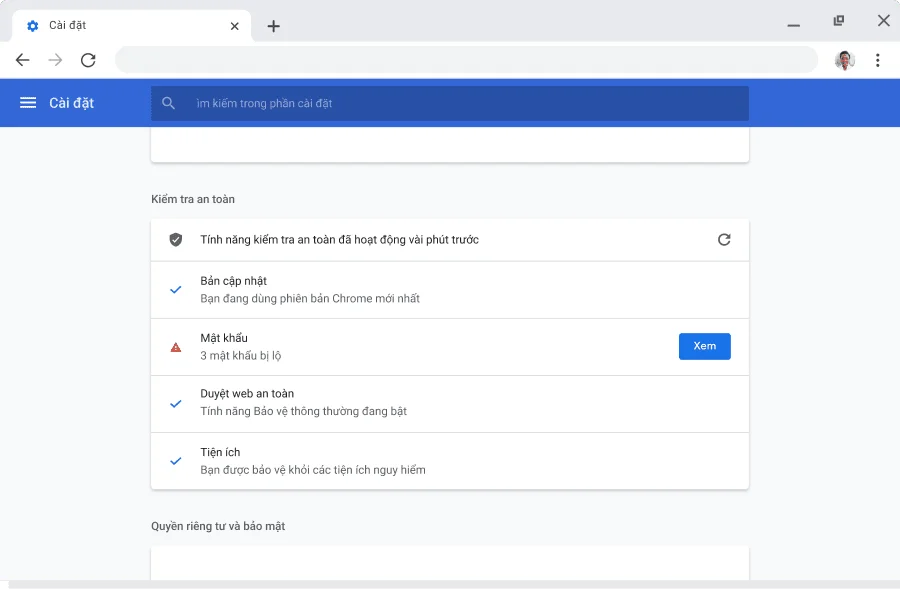 Cửa sổ trình duyệt Chrome đang hiển thị phần cài đặt tài khoản và đồng bộ hóa cho Tài khoản Google, khi tính năng đồng bộ hóa đang bật.