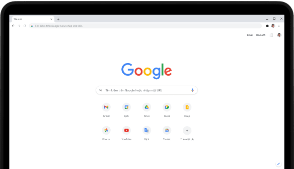 Góc trên cùng bên trái của máy tính xách tay Pixelbook Go với màn hình đang hiển thị thanh tìm kiếm Google.com và các ứng dụng yêu thích.