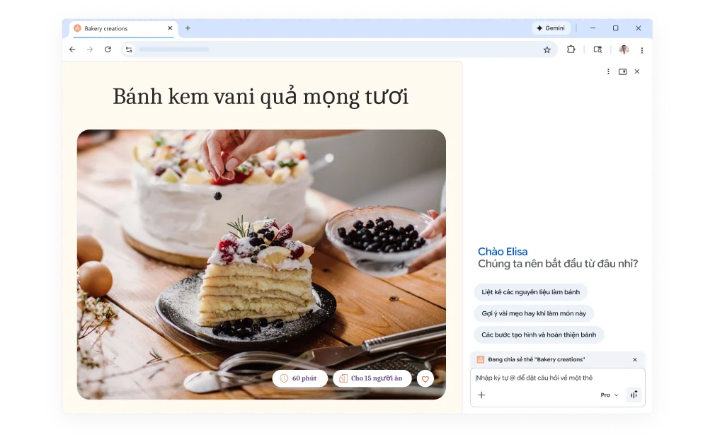 Một cửa sổ bật lên trên trang web công thức làm bánh hỏi xem Gemini trong Chrome có thể giúp gì. Tính năng này có trên cả máy tính và thiết bị di động.