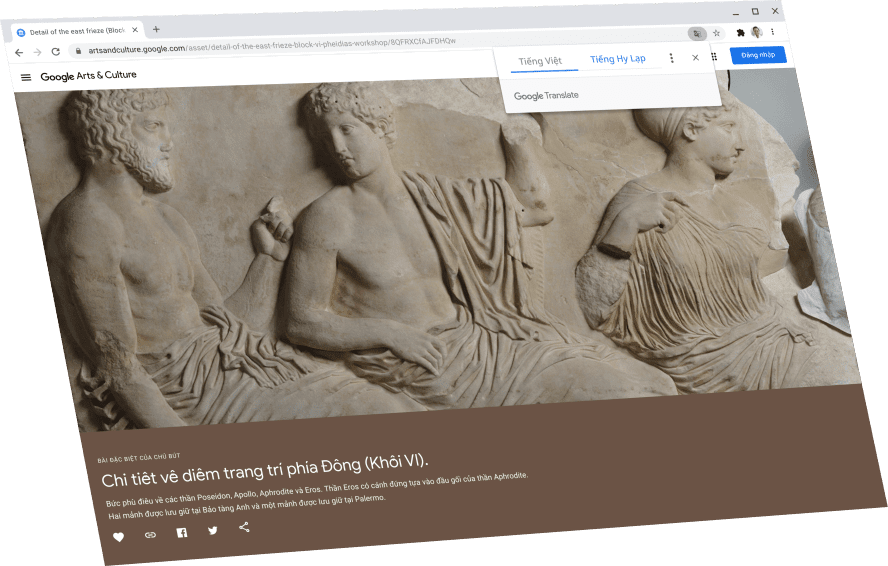 Hiển thị trang Google Arts & Culture với hộp thoại Google Dịch ở phía trên, đang dịch sang tiếng Anh.