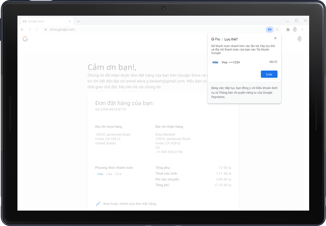 Google Pay confirmation screen shown on a Pixel Slate Tablet.