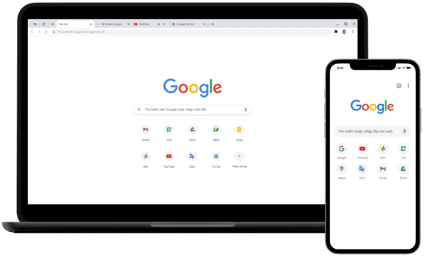 Máy tính xách tay và thiết bị di động, đang hiển thị trang chủ Google.com.