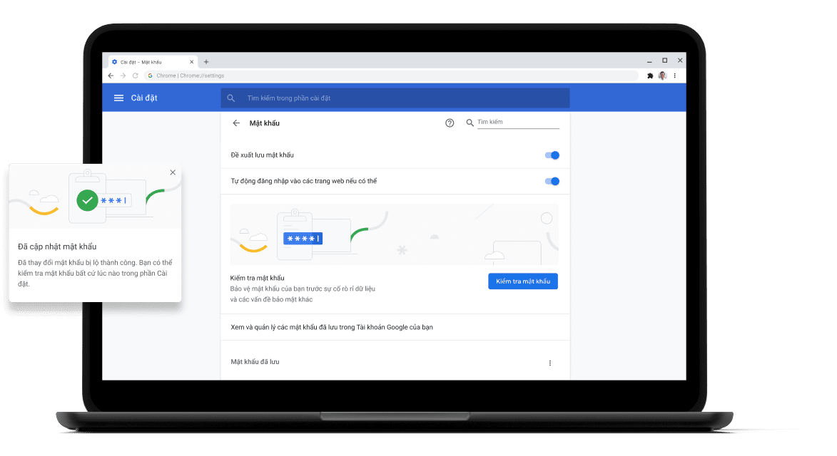 Kiểm tra mật khẩu Pixelbook Go laptop with screen displaying Chrome password check with a passsword update dialog box.