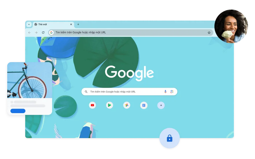 Nền trang tìm kiếm của Google có hình màu xanh lam minh hoạ những chú cá trong một hồ cá koi. Ảnh chụp một người phụ nữ ở một góc.