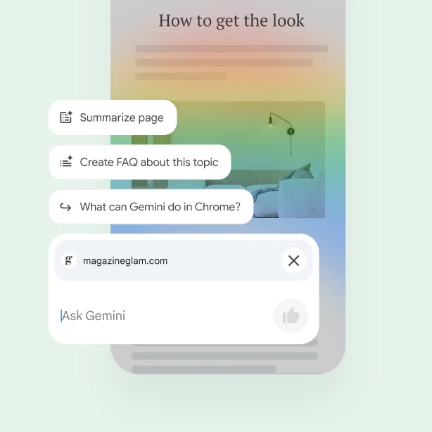 Over a web page on a mobile phone, controls let the user summarise the page, find related sites or ask Gemini a question.