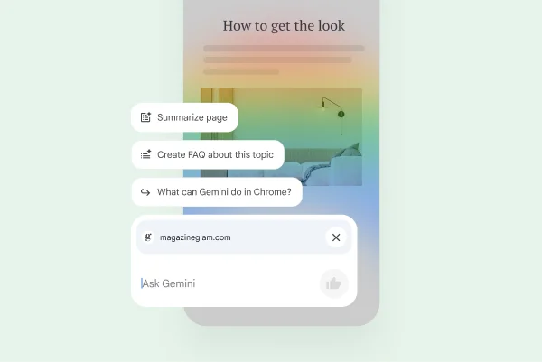 Over a web page on a mobile phone, controls let the user summarise the page, find related sites or ask Gemini a question.