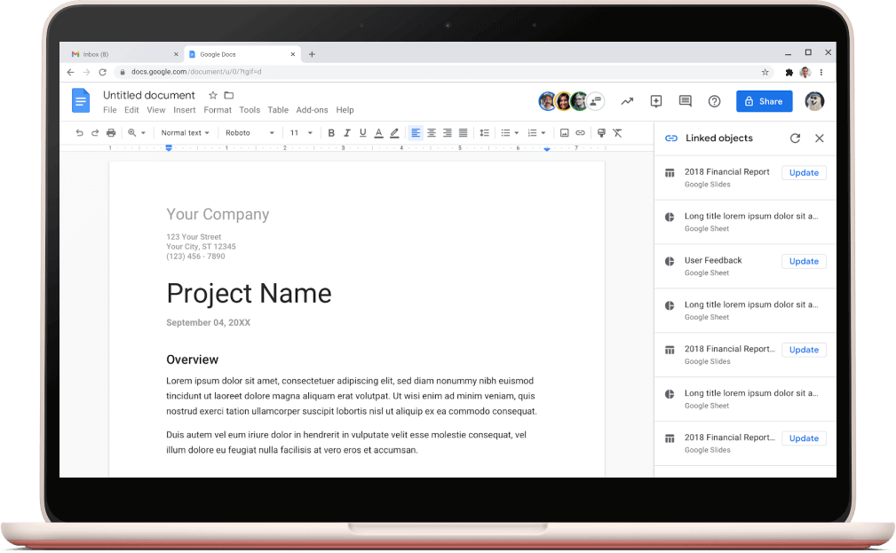 Màn hình Google Tài liệu hiển thị một mẫu dự án đang mở.