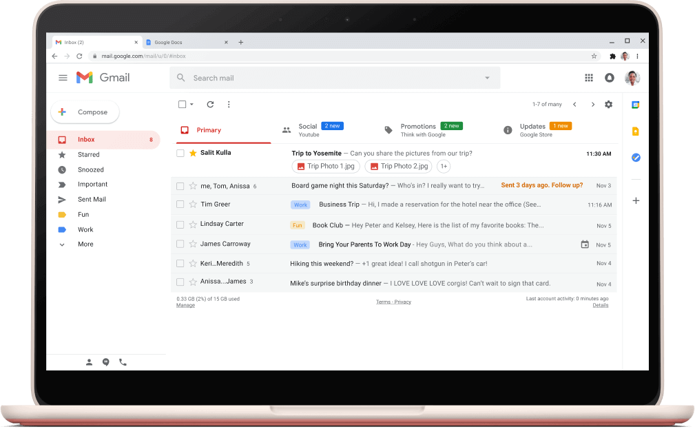 Màn hình giao diện của Gmail đang hiển thị các email.