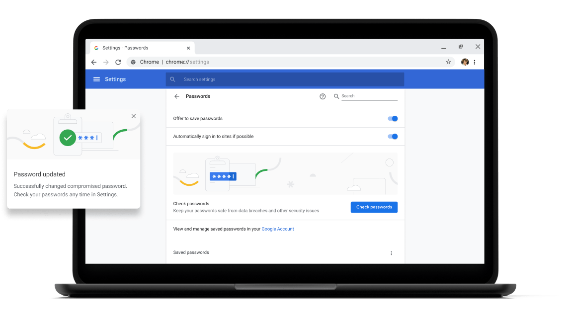 Kiểm tra mật khẩu Pixelbook Go laptop with screen displaying Chrome password check with a passsword update dialog box.