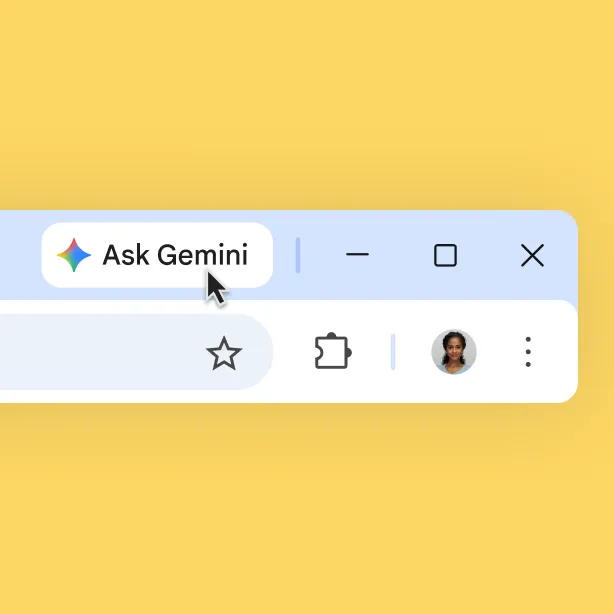 A Gemini icon is shown at the top of a Chrome Browser bar. The user hovers on the icon. A tooltip reads 'Gemini in Chrome'.