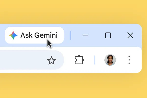 A Gemini icon is shown at the top of a Chrome Browser bar. The user hovers on the icon. A tooltip reads 'Gemini in Chrome'.