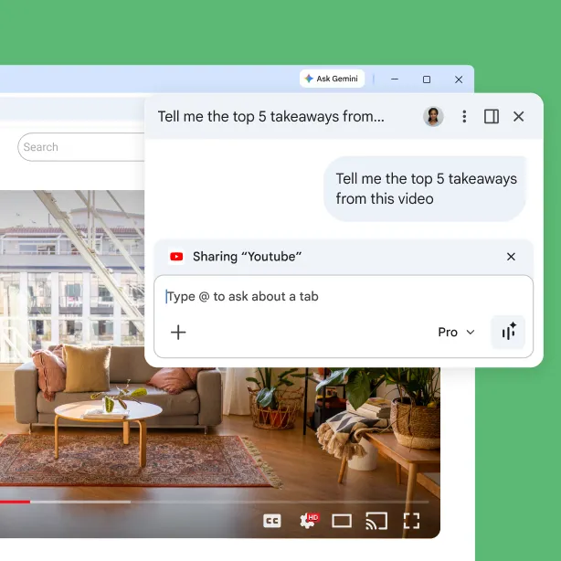 The Gemini in Chrome pop-up is on a YouTube page. The user asks Gemini in Chrome for the top five takeaways from the video.