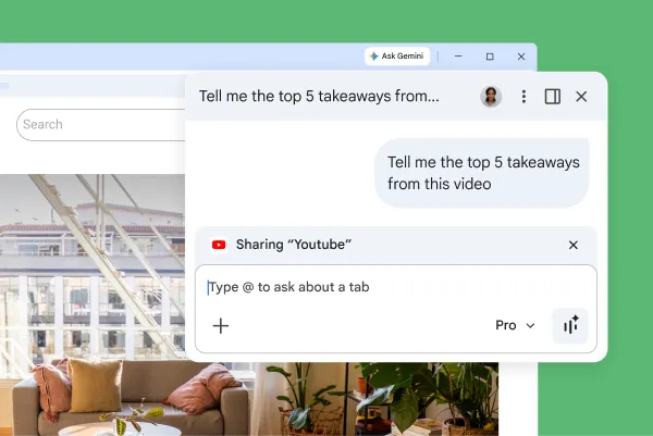 The Gemini in Chrome pop-up is on a YouTube page. The user asks Gemini in Chrome for the top five takeaways from the video.
