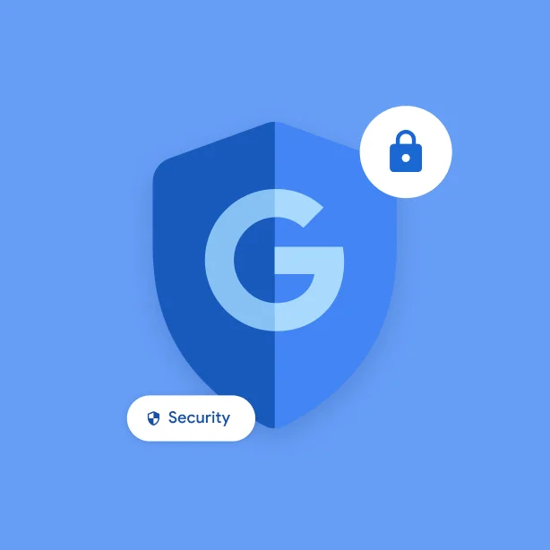 Several icons indicate Google security, including a Google G in a shield, a lock icon and a small chip that says 'security'