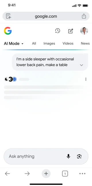 From the home screen of the Chrome mobile app, a user opens AI Mode. They tap