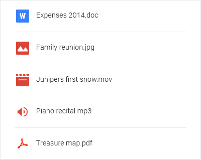 Danh sách loại tệp Google Drive bao gồm hình ảnh, tài liệu và nhạc